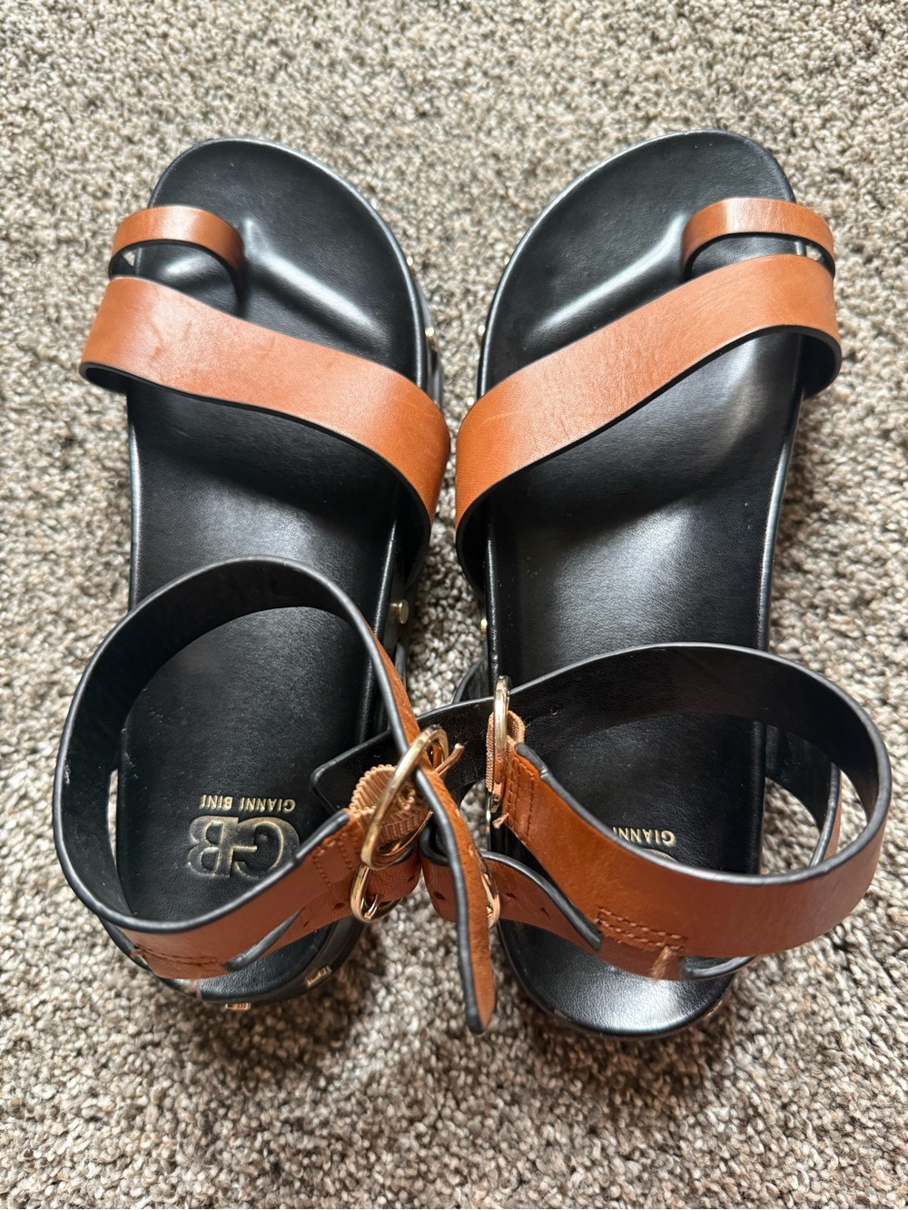 GBG Los Angeles Brown and Black Leather Strappy Wedge Sandals - Picture 3 of 3